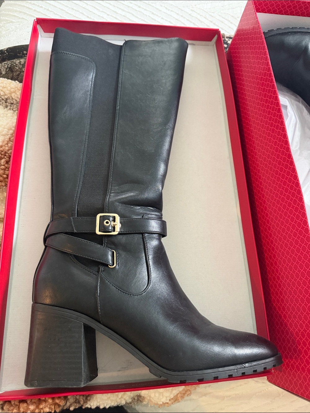 Kelly & Katie Black Block Heel Boots with Gold Buckle WWWC